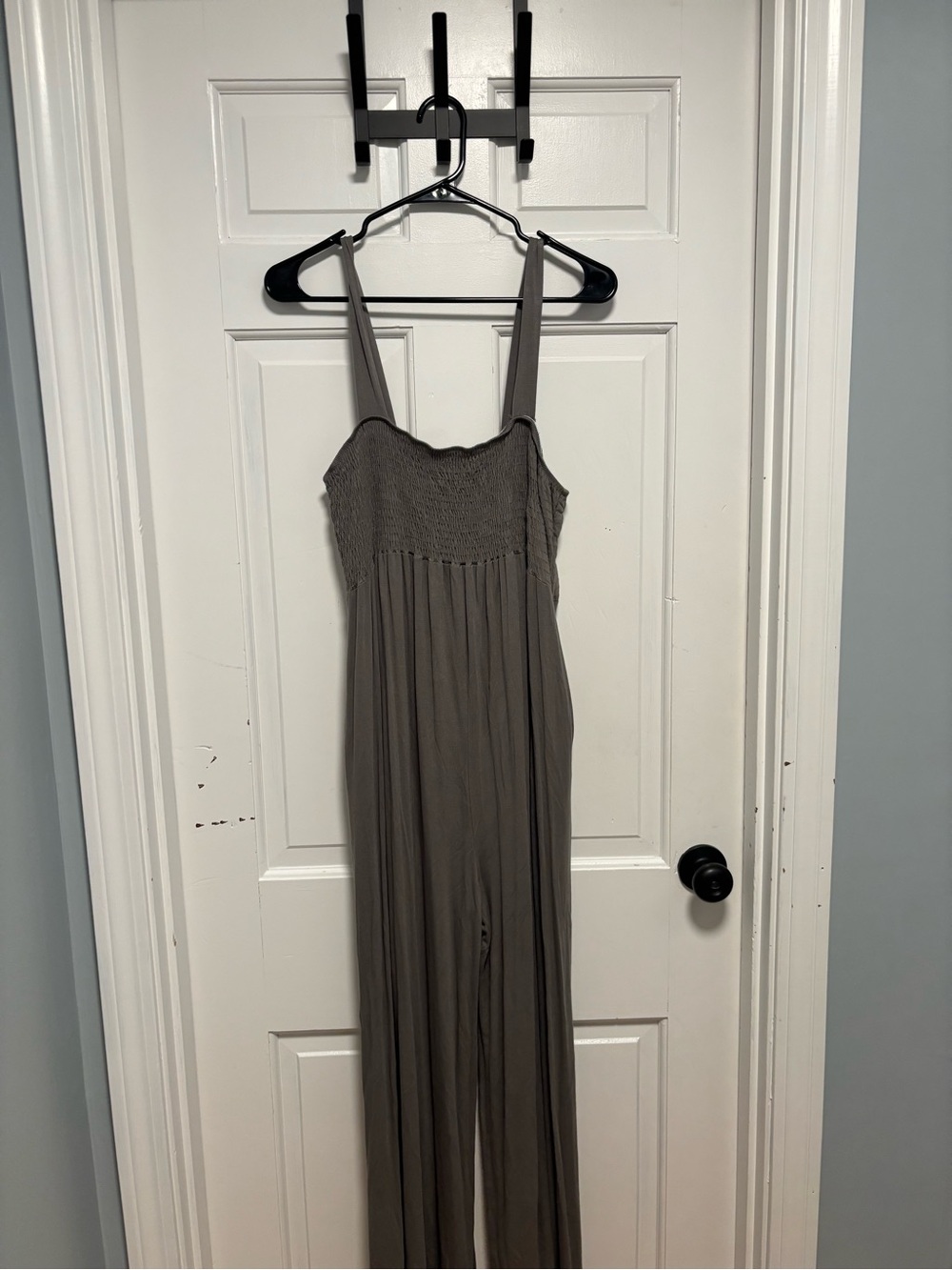 Hello MIZ Taupe Smocked-Strap Jumpsuit with Wide Legs